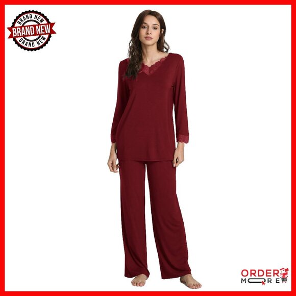 Bamboo Viscose Pajama Set Long Sleeve Lace Trim Pockets Sleepwear